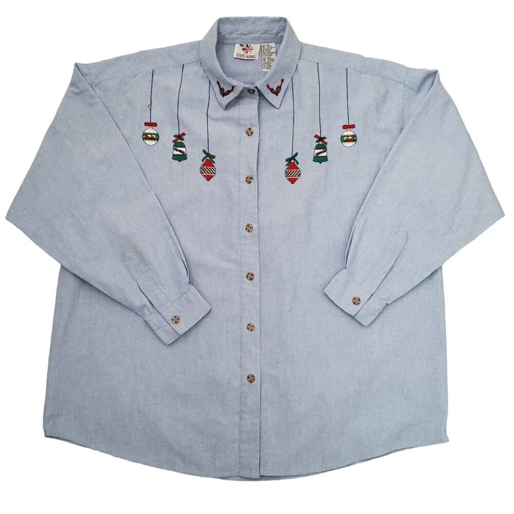 VTG NutCracker Denim Shirt‎ Embroidered Ornaments Teachercore Holiday Womens 18W